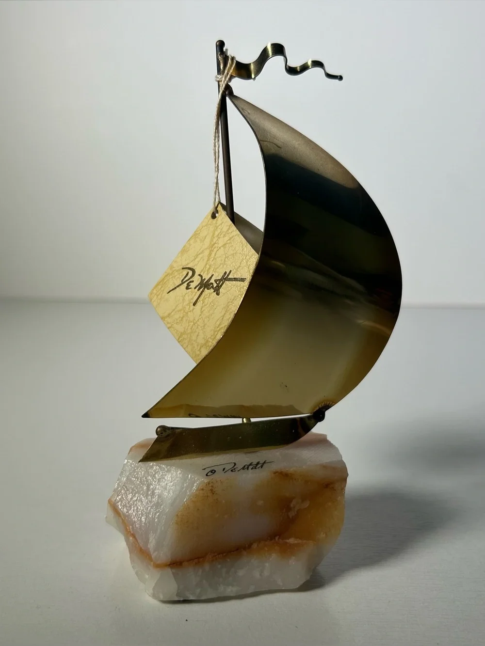 VTG John DeMott Signed Mid Century Brass Sailboat Sculpture Onyx Base 7” W/Tag